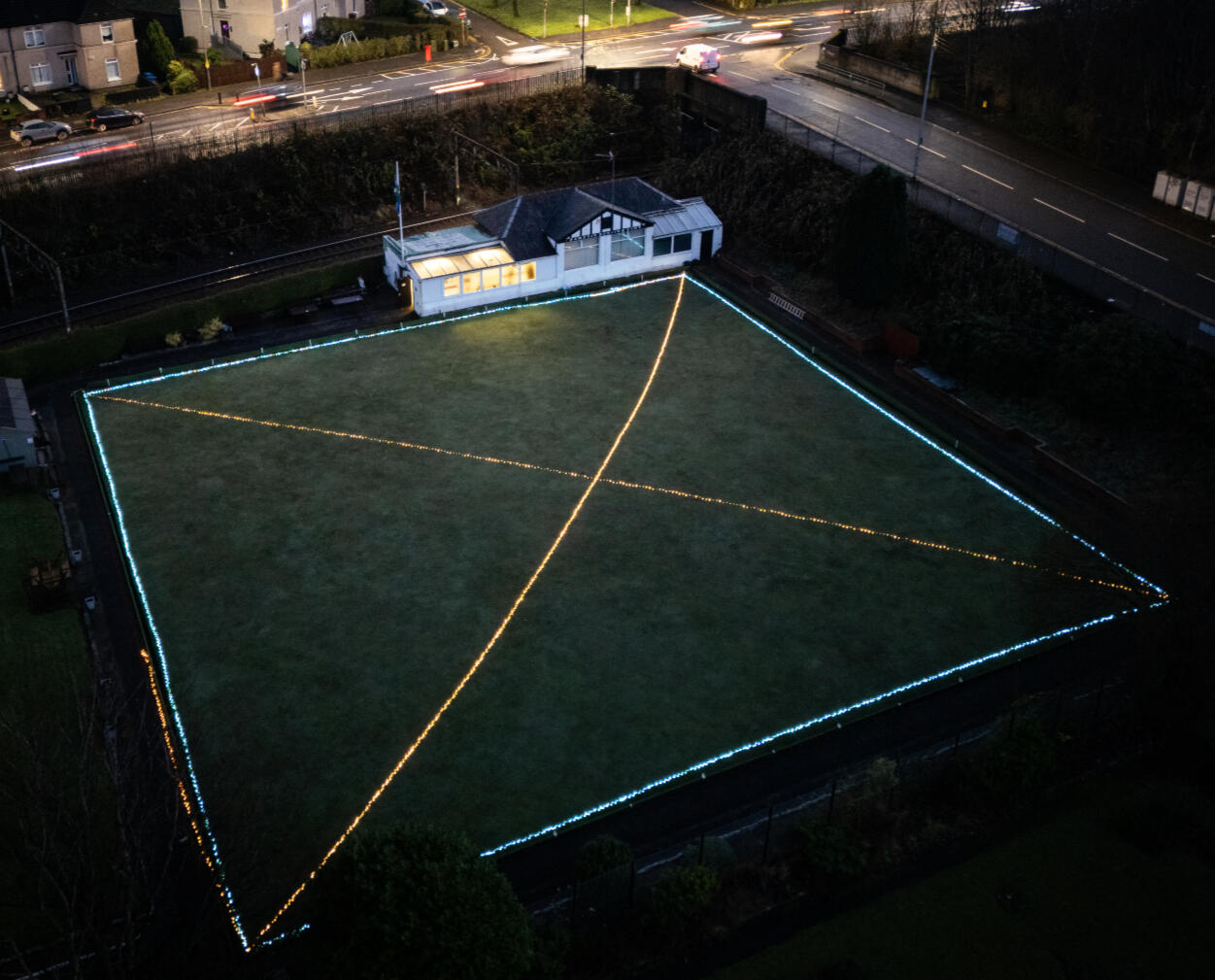 Birdseye view of First Hampden Birdseye view of First Hampden with saltire lit up in lights over the bowling green